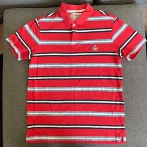 Medium. Red, black, white stripped polo. Penguin Brand
